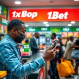 Customer using a smartphone at a 1xBet shop counter in Nigeria