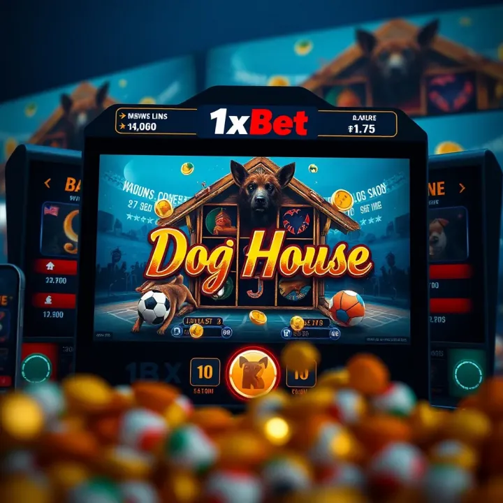 Interface of 1xBet showing Dog House slot gameplay with vibrant symbols and features
