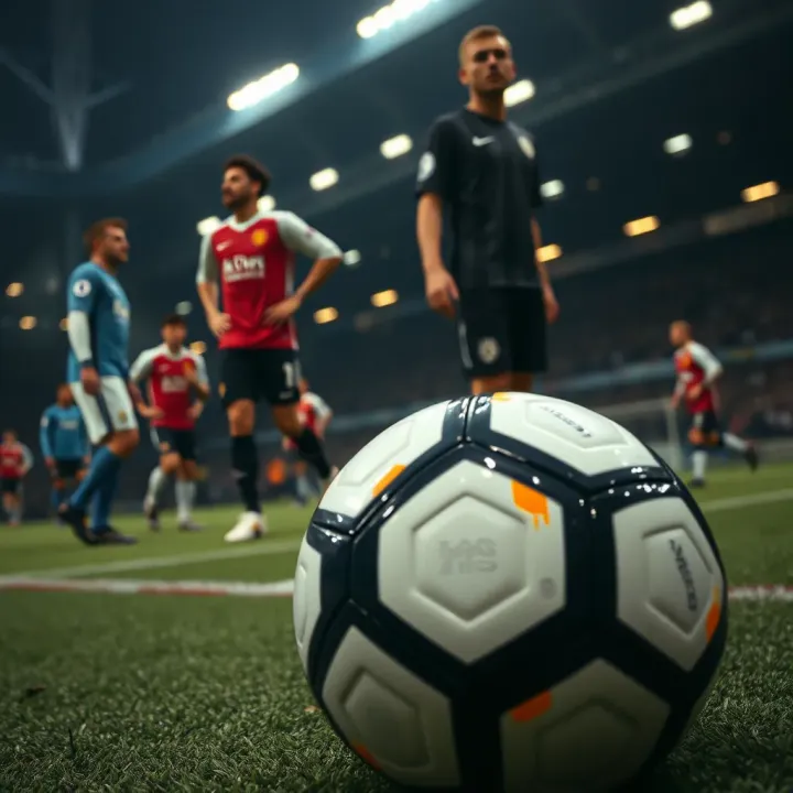 Close-up of a soccer ball on the pitch with players strategizing in the background