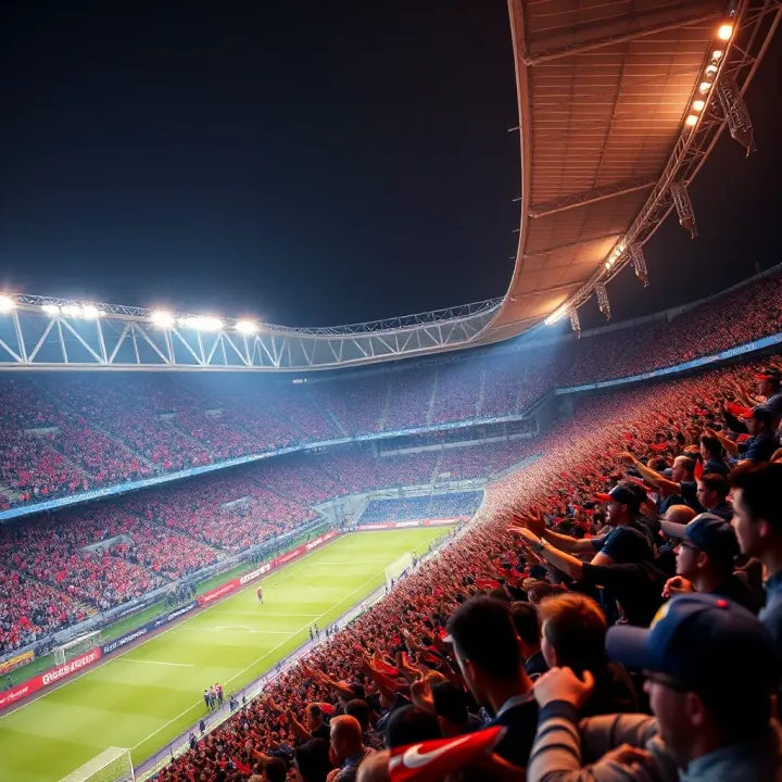 Dynamic soccer stadium filled with cheering fans during a Premier League match