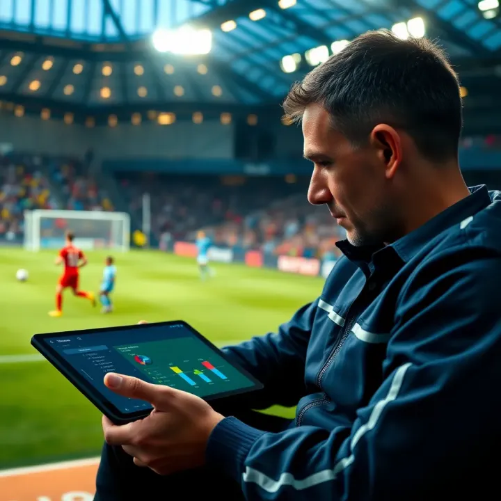 Football analyst reviewing team strategies and player performance data on a digital tablet during match analysis