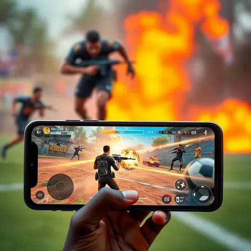 Mobile device displaying Mini Militia 69 gameplay with vibrant battlefield scene
