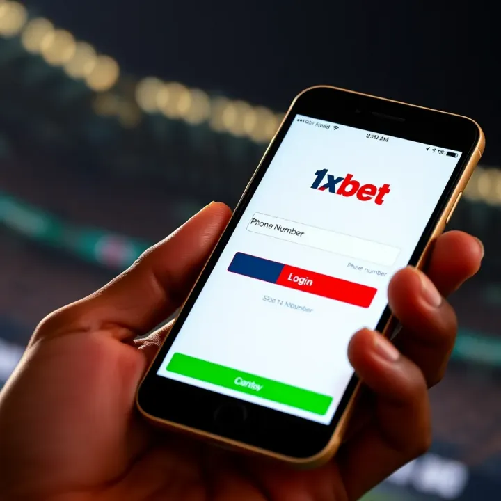 Mobile phone screen showing 1xbet login interface with phone number entry