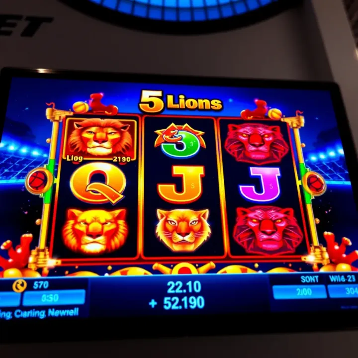 Screenshot of 1xBet platform showing the 5 Lions slot game interface with vibrant symbols and reels