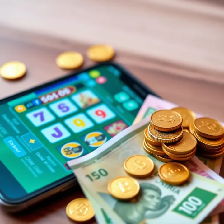 Coins and Nigerian Naira currency notes beside a mobile device showing an online casino interface