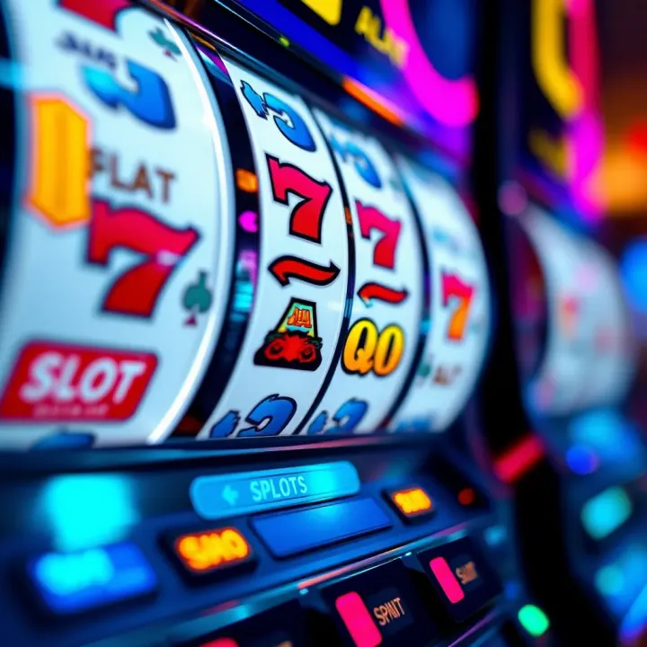 Close-up of a slot machine displaying spinning reels with various symbols