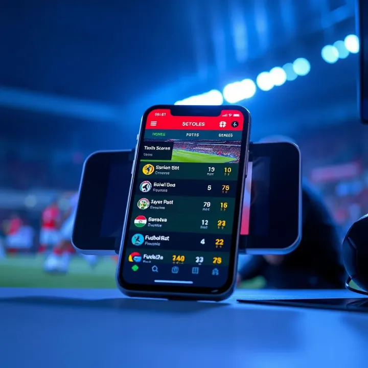 Smartphone displaying live football scores with vibrant graphics and real-time updates