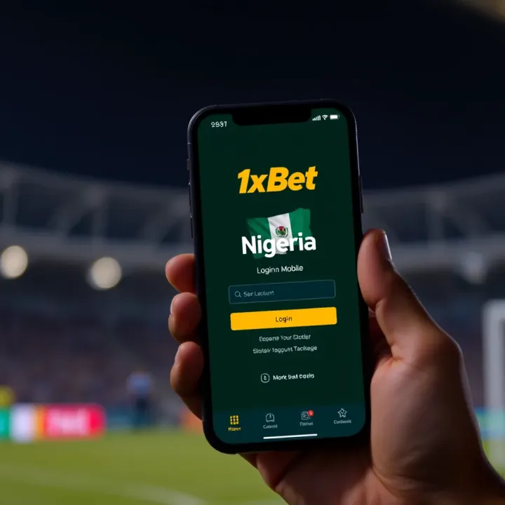 Mobile phone displaying 1xBet login screen with Nigerian flag icon