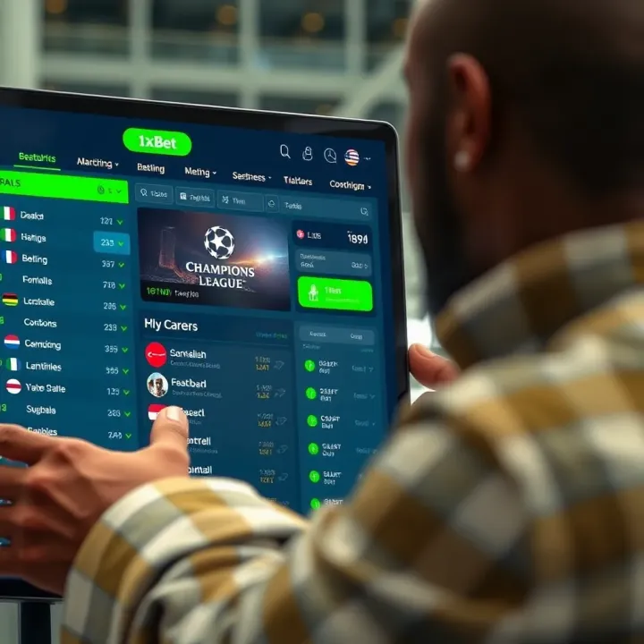 User navigating the 1xBet platform interface displaying Champions League betting options