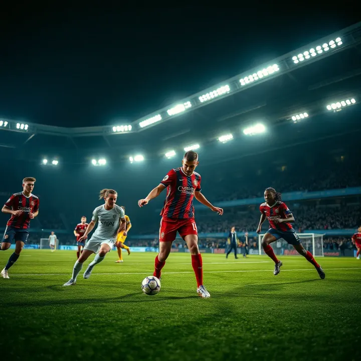 Dynamic Premier League football match with players competing intensely on the pitch under stadium lights