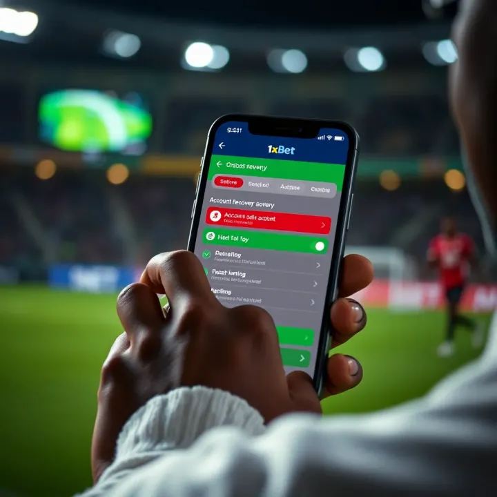 User navigating 1xBet account recovery options on a smartphone