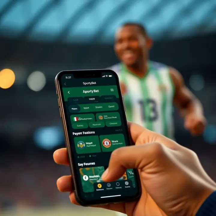 Mobile phone displaying SportyBet app with payment and promotional features