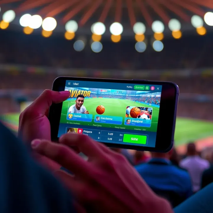 Mobile device displaying 1xBet Aviator game interface with vibrant graphics and user betting options