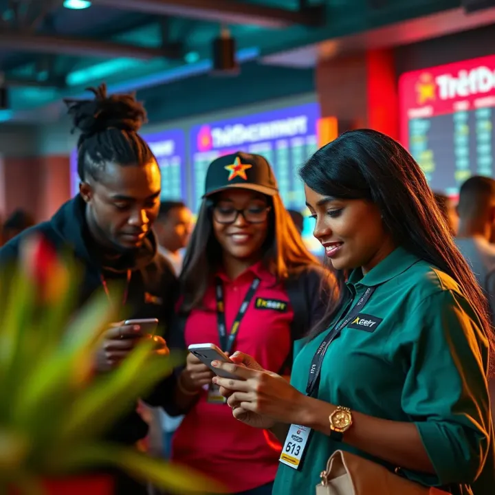 A group of brand ambassadors engaging with digital betting platforms through mobile devices in a vibrant setting