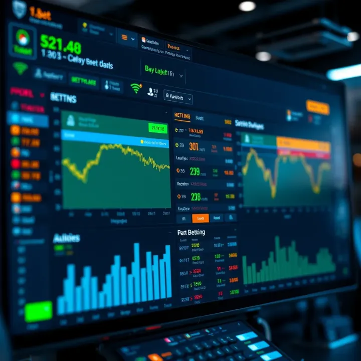 Illustration showing an automated sports betting system interface with dynamic data charts and betting options