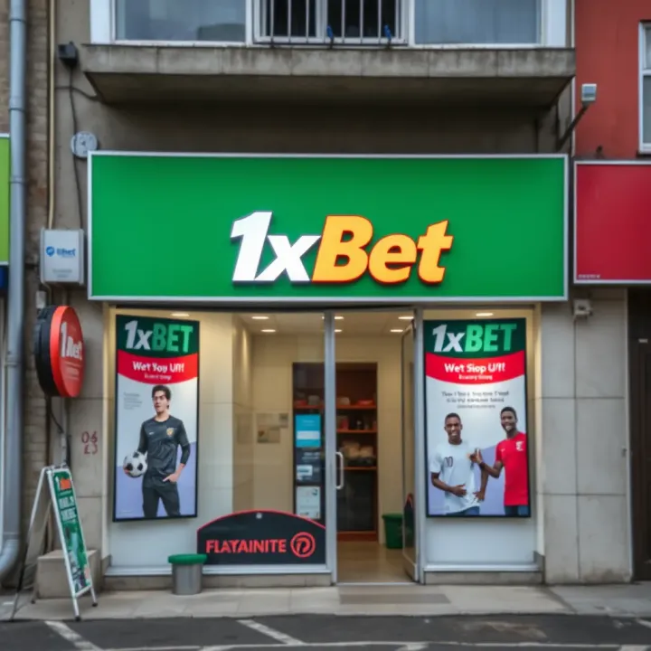 Exterior view of a 1xBet shop in Nigeria showing the storefront with promotional posters