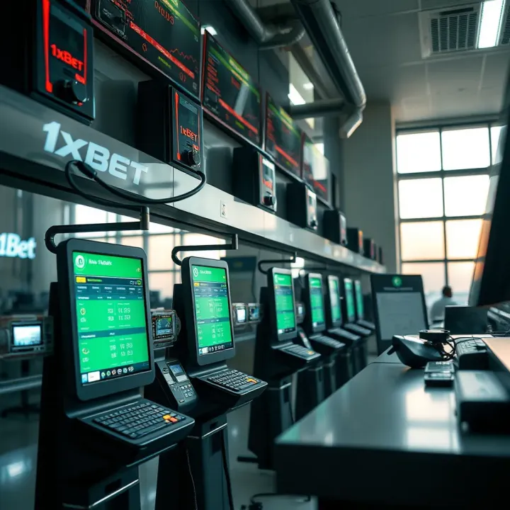 Technological setup showcasing digital betting terminals and secure transaction systems at a 1xBet shop