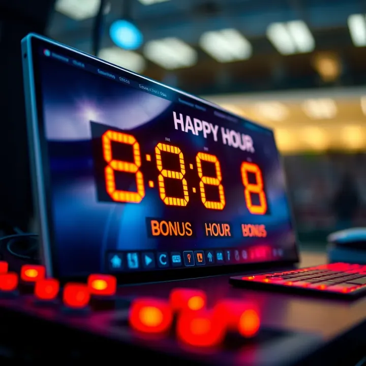 Colorful digital clock highlighting specific hours for bonus activation on betting platform